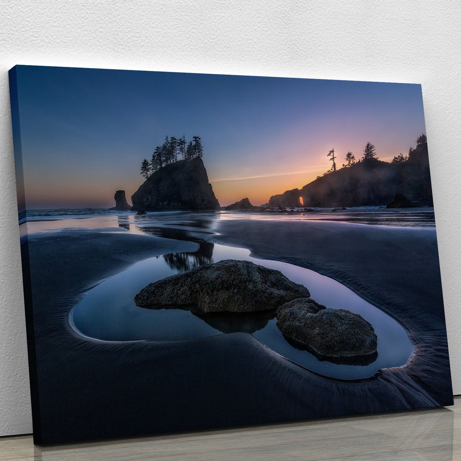 Twilight At Second Beach canvas print showcasing serene beach scenery at dusk with vibrant colors.