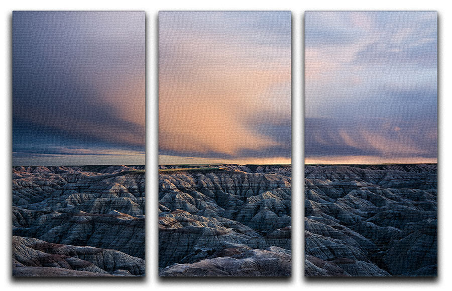 Twilight Over Badlands 3 Split Panel Canvas Print showcasing vibrant colors and stunning landscape design.