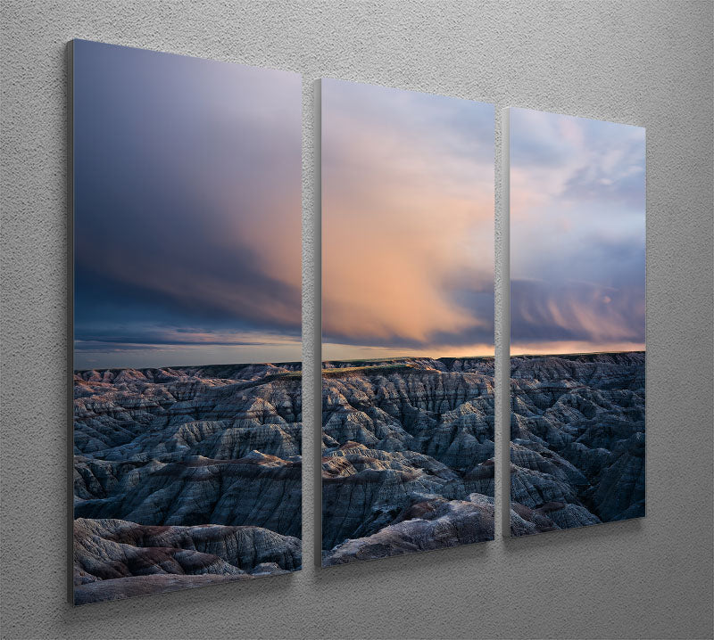 Twilight Over Badlands 3 Split Panel Canvas Print showcasing vibrant colors and stunning landscape design.