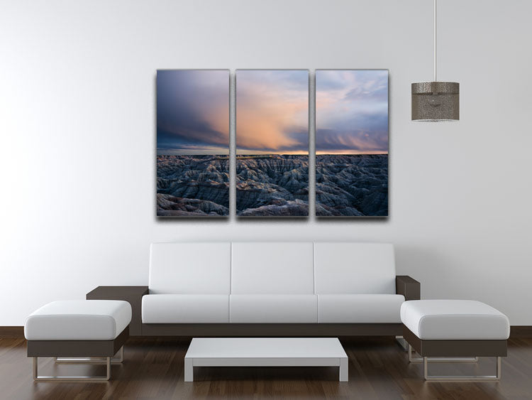 Twilight Over Badlands 3 Split Panel Canvas Print showcasing vibrant colors and stunning landscape design.