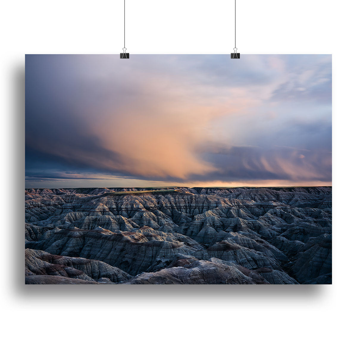 Twilight Over Badlands canvas print showcasing a serene landscape at dusk with vibrant colors.