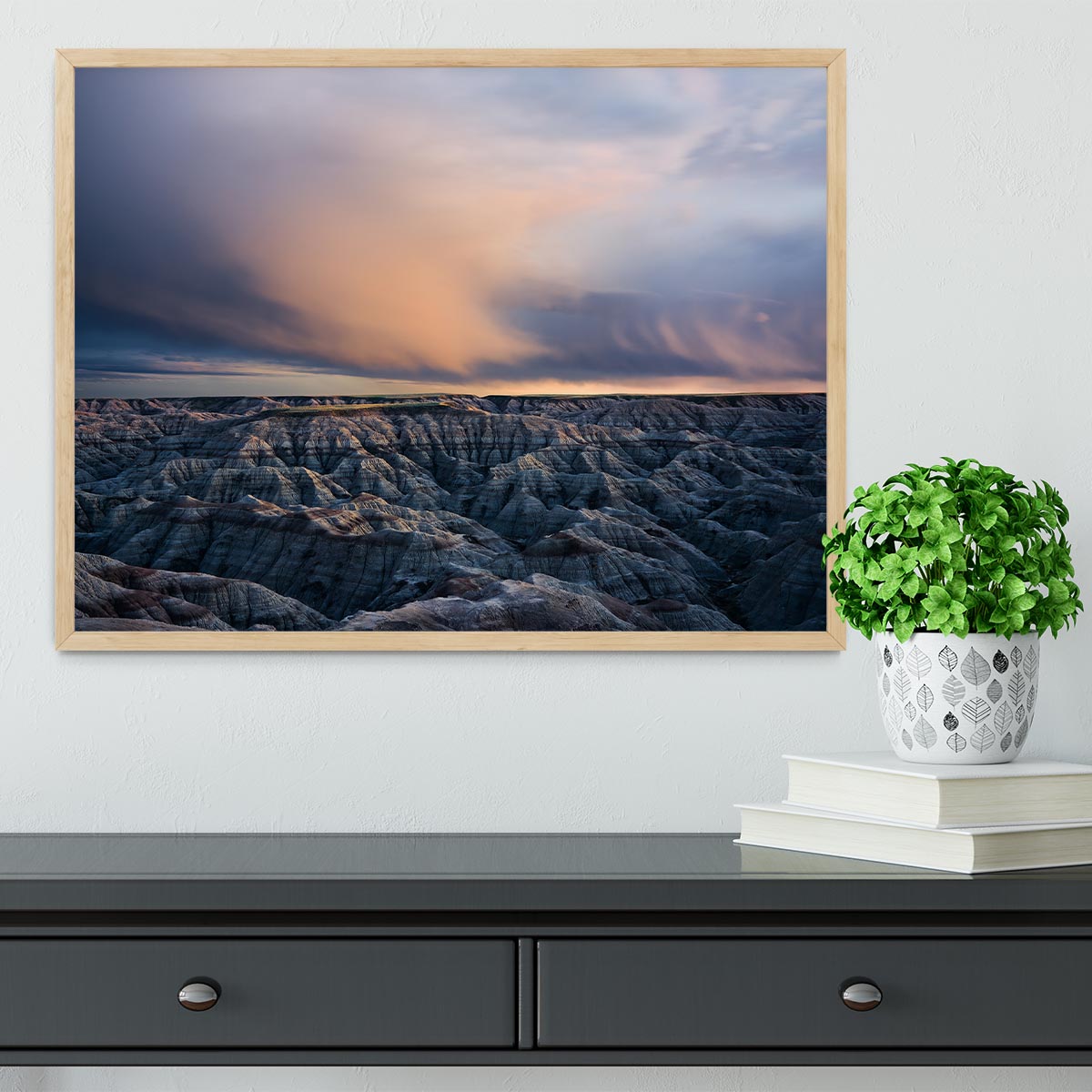 Twilight Over Badlands Framed Print showcasing vibrant colors and exquisite craftsmanship in a stylish frame.