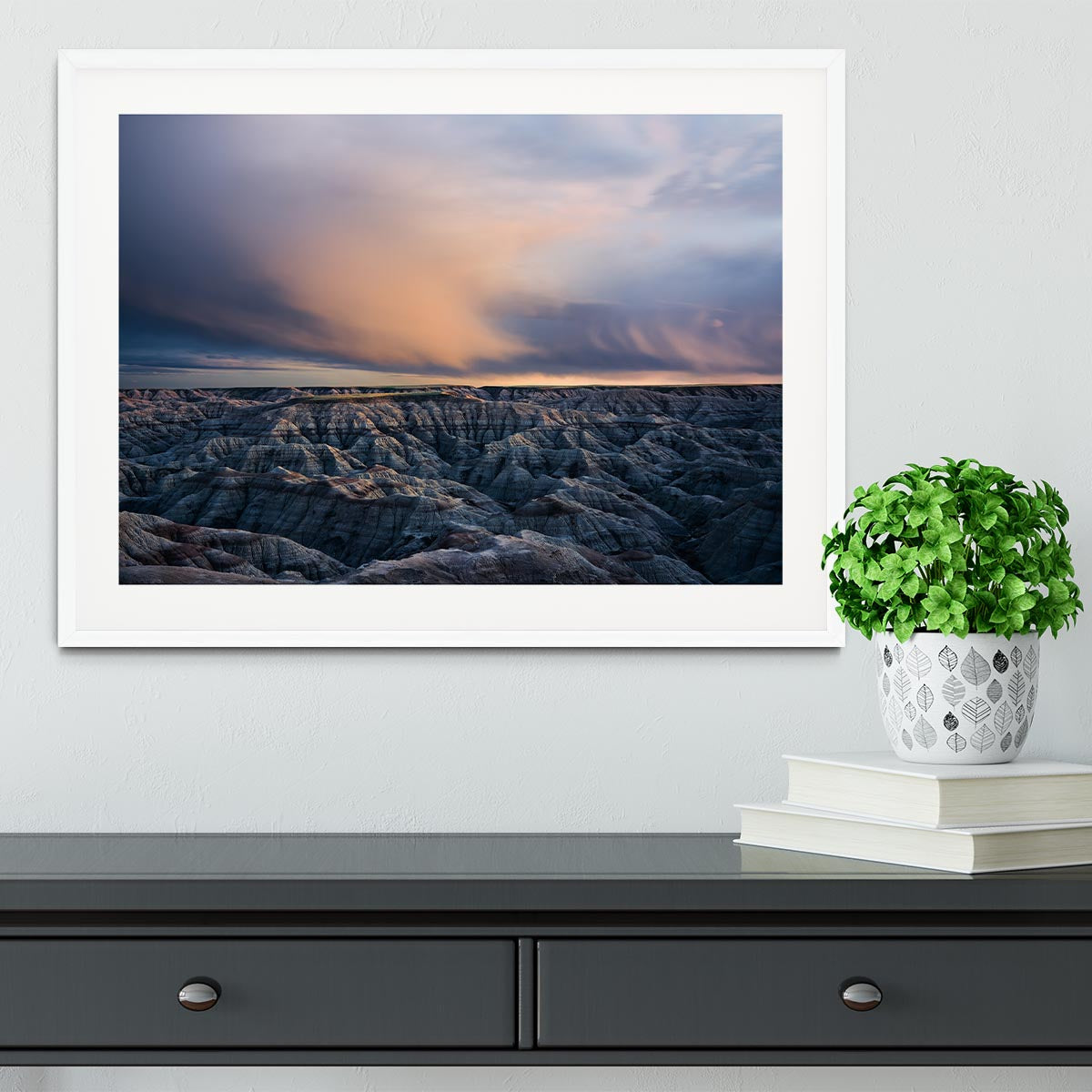 Twilight Over Badlands Framed Print showcasing vibrant colors and exquisite craftsmanship in a stylish frame.
