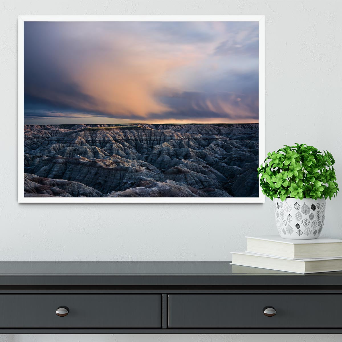Twilight Over Badlands Framed Print showcasing vibrant colors and exquisite craftsmanship in a stylish frame.