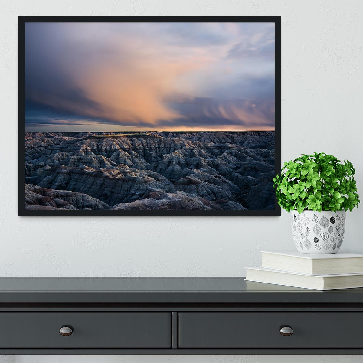Twilight Over Badlands Framed Print showcasing vibrant colors and exquisite craftsmanship in a stylish frame.