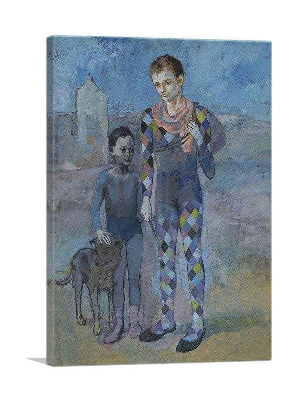 Canvas art featuring two acrobats performing with a dog, showcasing vibrant colors and intricate details.