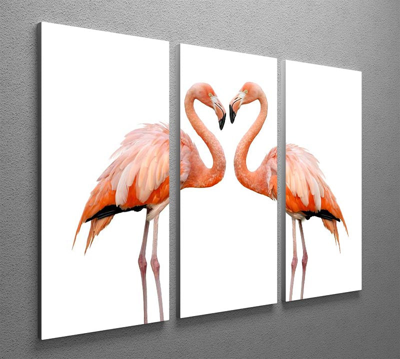 A stunning 3-panel canvas print featuring two beautiful flamingos in love, showcasing vibrant colors and elegant design.