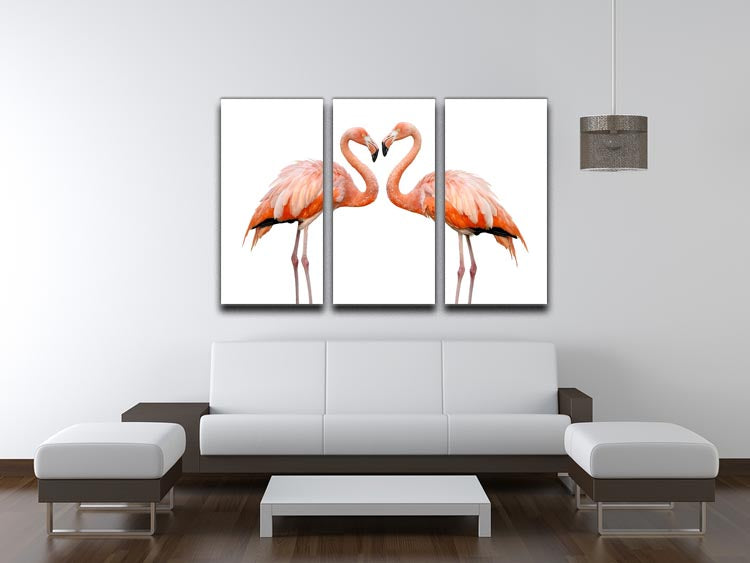 A stunning 3-panel canvas print featuring two beautiful flamingos in love, showcasing vibrant colors and elegant design.