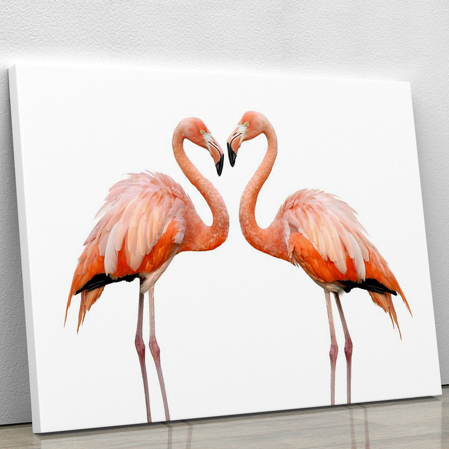 A beautiful canvas print featuring two flamingos in love, showcasing vibrant colors and intricate details, perfect for home decor.