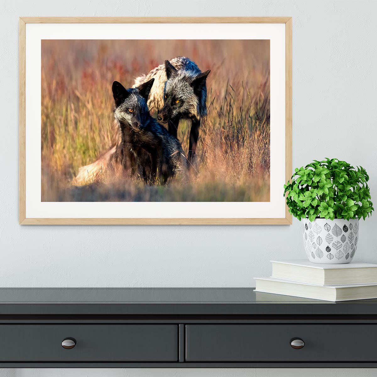 A beautifully framed print of two black foxes, showcasing their elegance in a stylish handmade frame.