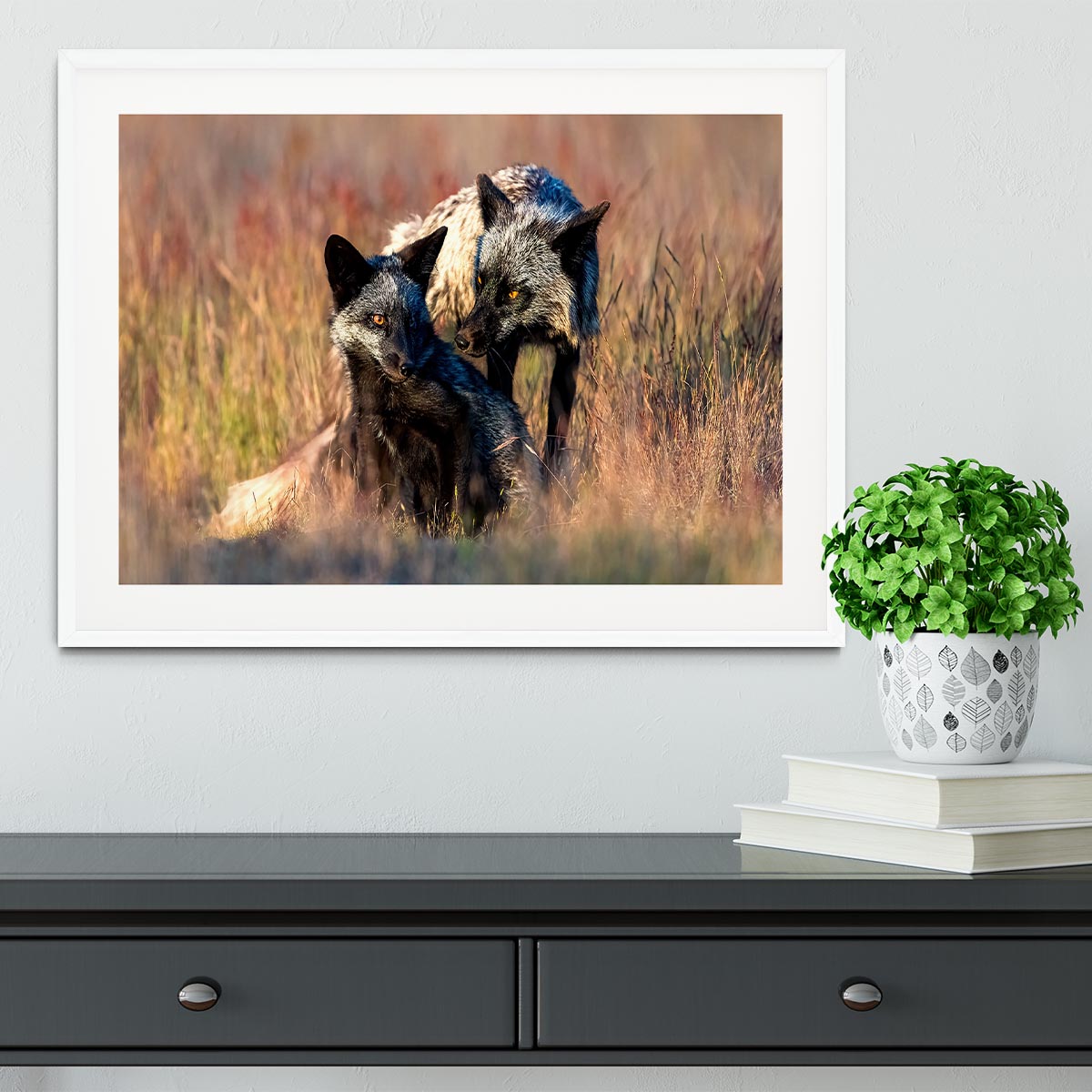 A beautifully framed print of two black foxes, showcasing their elegance in a stylish handmade frame.