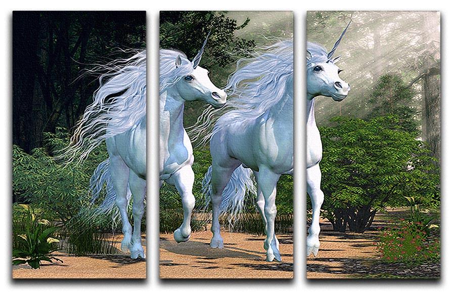 Three-panel canvas print featuring two whimsical unicorns running together, showcasing vibrant colors and intricate details.