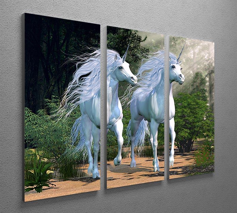 Three-panel canvas print featuring two whimsical unicorns running together, showcasing vibrant colors and intricate details.
