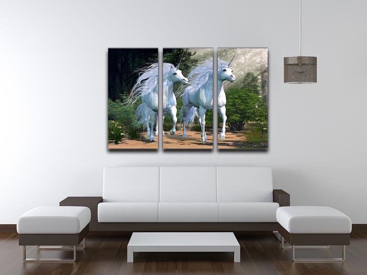 Three-panel canvas print featuring two whimsical unicorns running together, showcasing vibrant colors and intricate details.