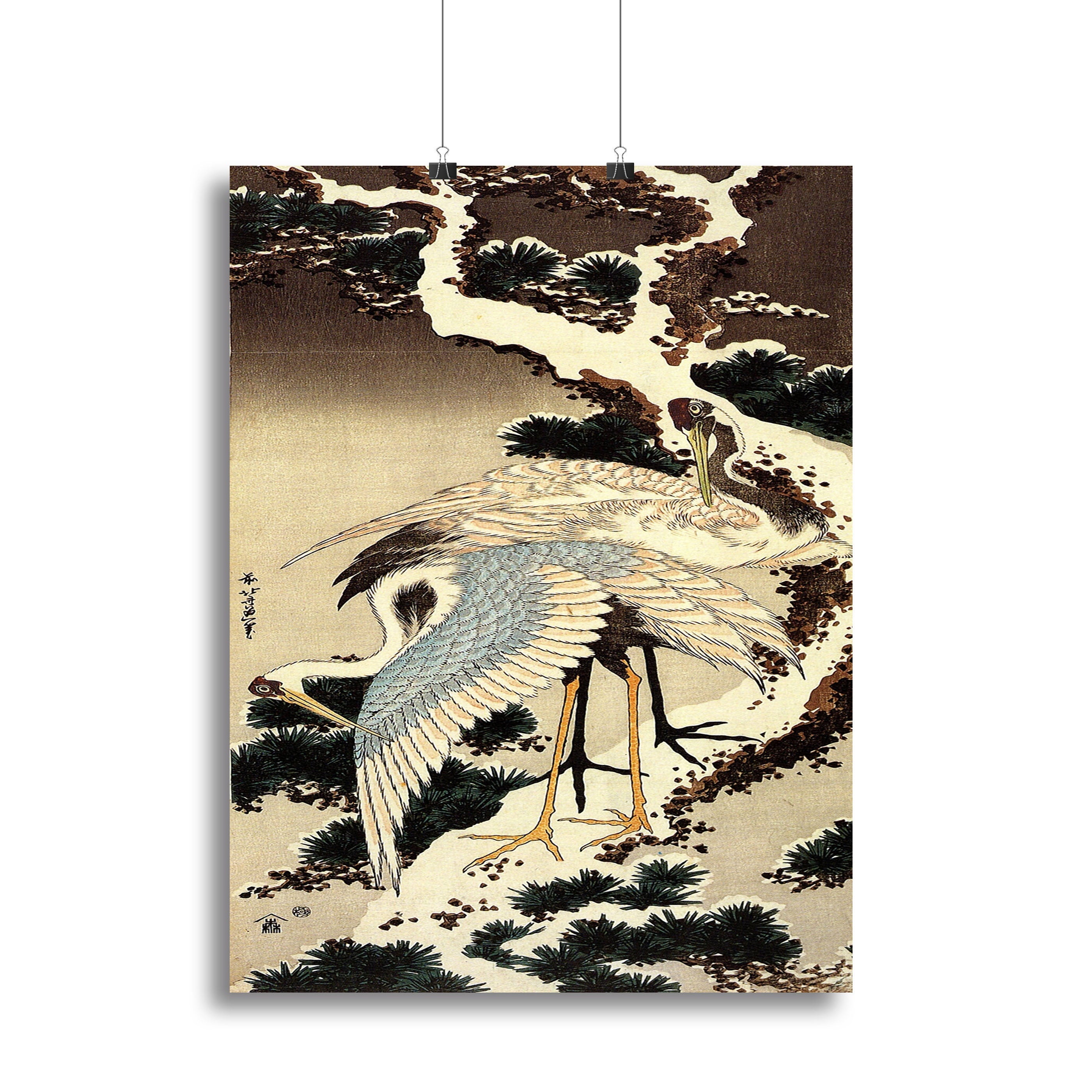 Canvas print of Hokusai's Two Cranes on a snow-covered pine tree, showcasing intricate details and vibrant colors.