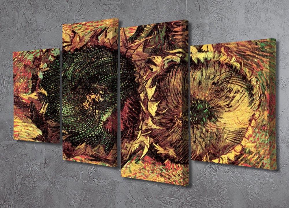 Four-panel canvas artwork featuring Van Gogh's Two Cut Sunflowers, showcasing vibrant colors and intricate details.