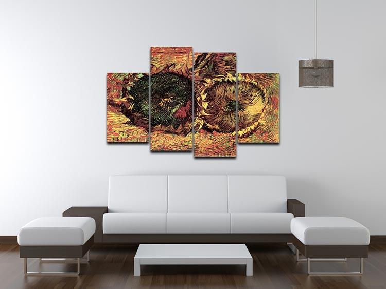 Four-panel canvas artwork featuring Van Gogh's Two Cut Sunflowers, showcasing vibrant colors and intricate details.