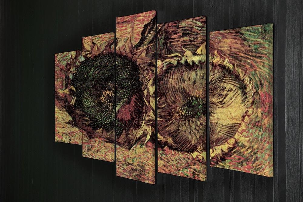 Five-panel canvas artwork featuring Van Gogh's Two Cut Sunflowers, showcasing vibrant colors and intricate details.