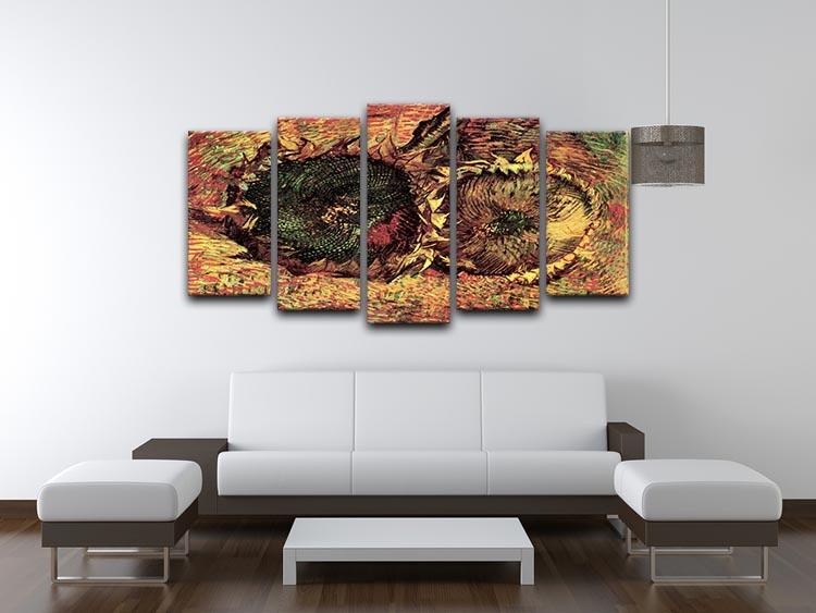 Five-panel canvas artwork featuring Van Gogh's Two Cut Sunflowers, showcasing vibrant colors and intricate details.