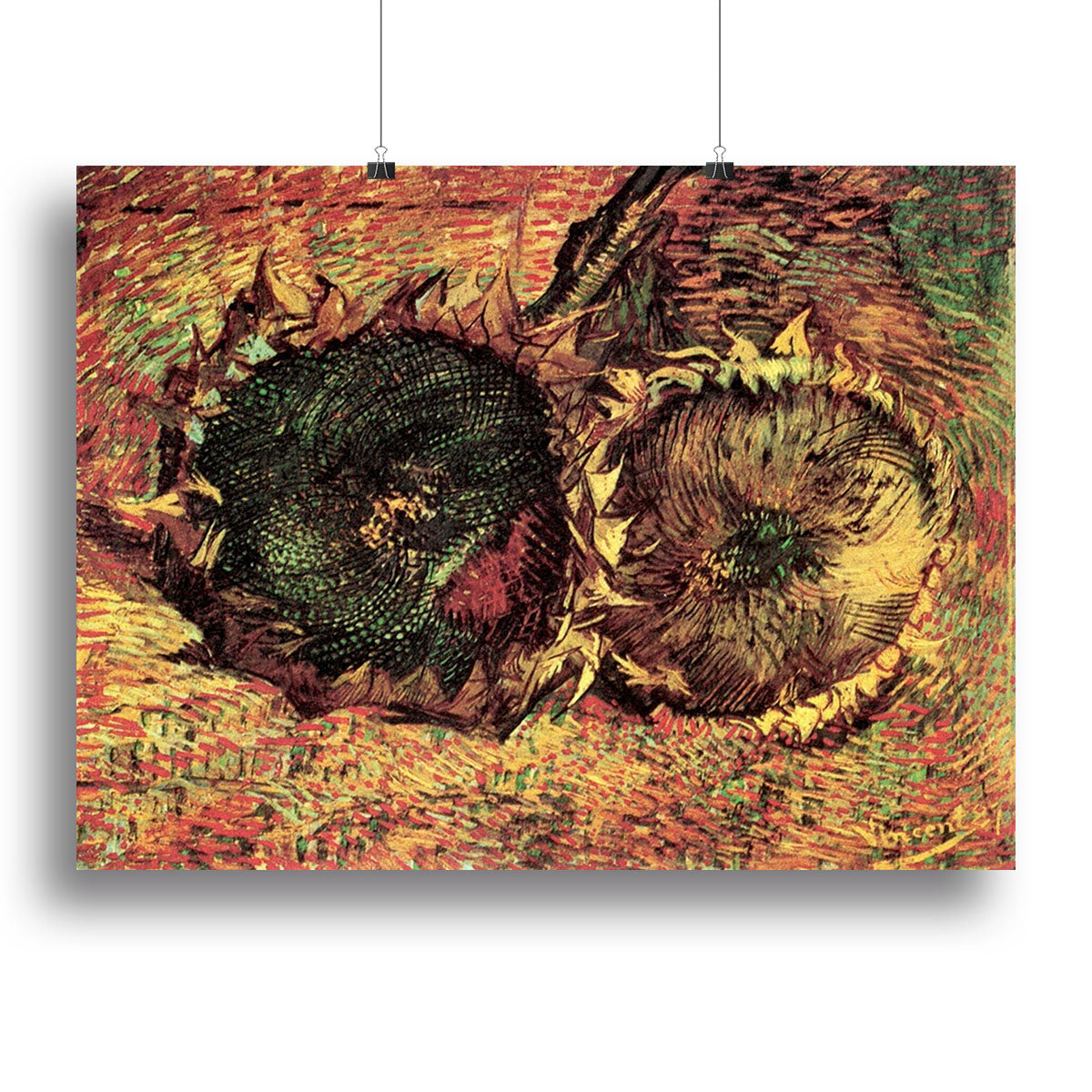A vibrant canvas print of Van Gogh's Two Cut Sunflowers, showcasing bright yellow petals and rich green leaves, perfect for home decor.
