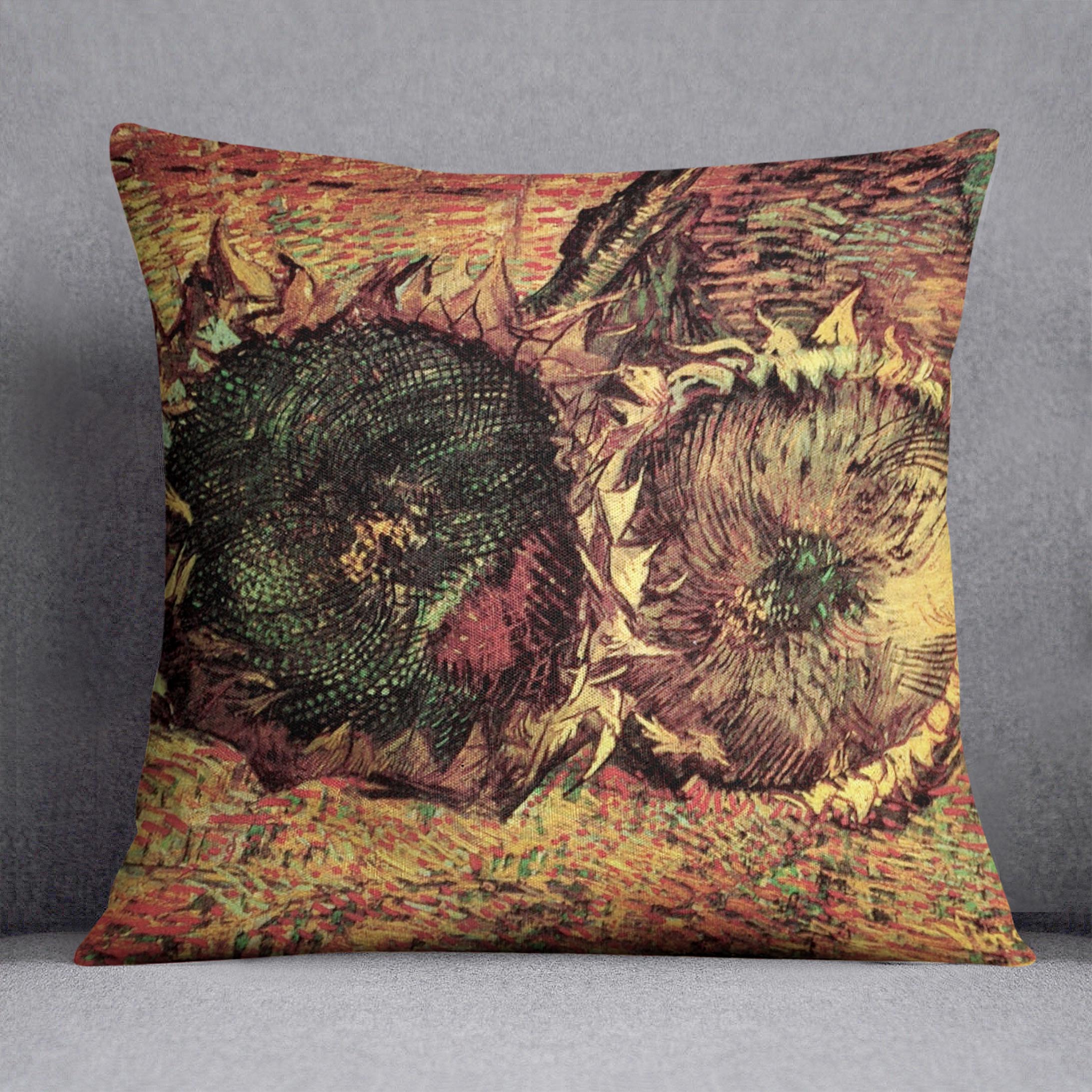 A vibrant cushion featuring Van Gogh's Two Cut Sunflowers design on luxurious vegan faux suede.