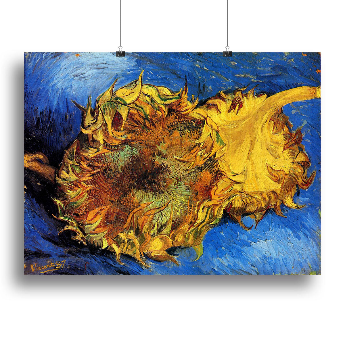 Canvas print of Van Gogh's Two Cut Sunflowers, showcasing vibrant yellow flowers against a textured background.