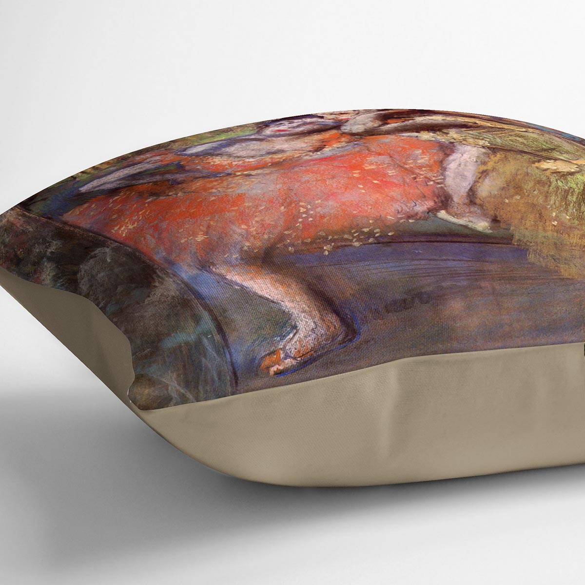 A vibrant cushion featuring Degas's Two Dancers Behind the Scenes artwork, made from luxurious vegan faux suede.