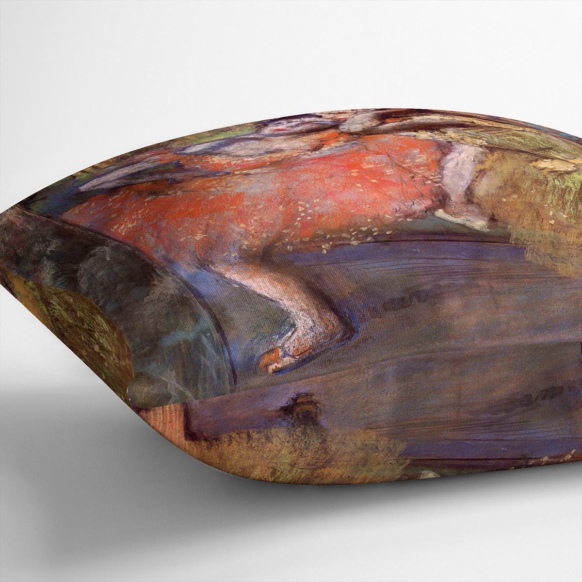 A vibrant cushion featuring Degas's Two Dancers Behind the Scenes artwork, made from luxurious vegan faux suede.