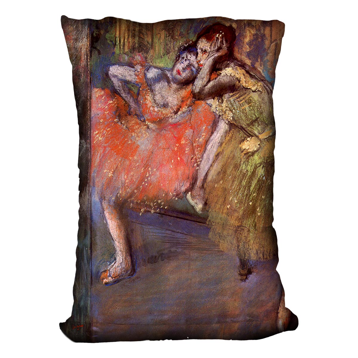 A vibrant cushion featuring Degas's Two Dancers Behind the Scenes artwork, made from luxurious vegan faux suede.
