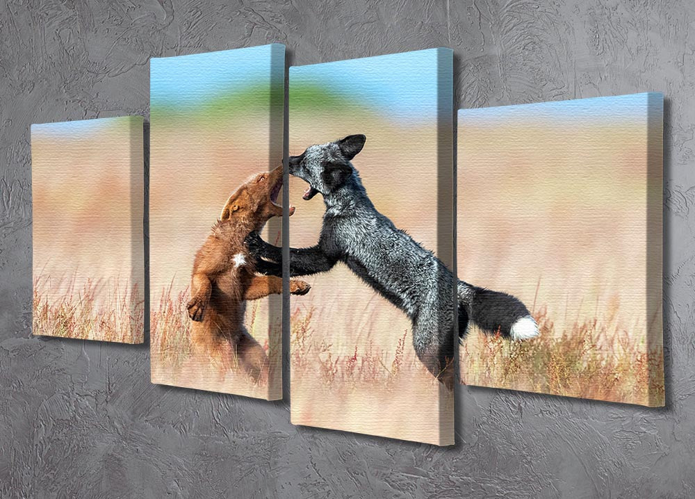 A vibrant 4-split canvas artwork featuring two foxes wrestling, showcasing dynamic colors and intricate details.