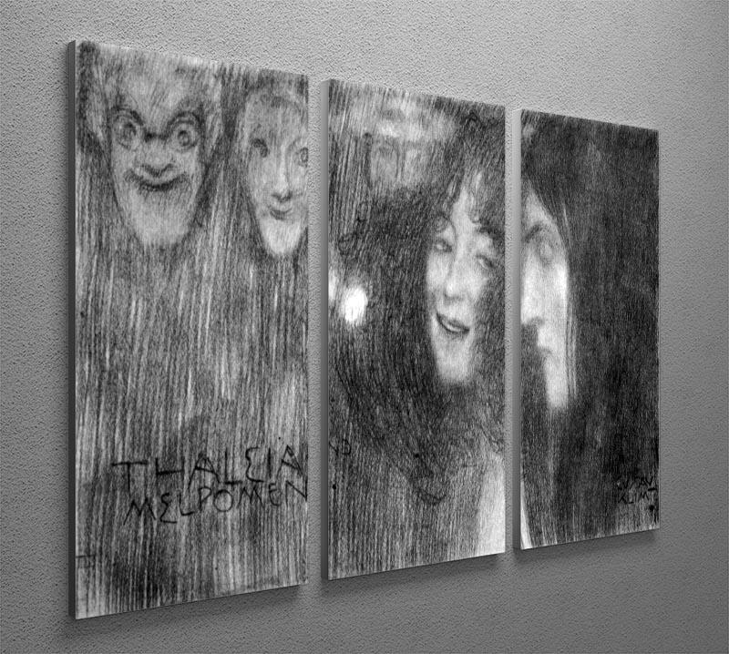 Three-panel canvas art featuring Thalia and Melpomene by Klimt, showcasing elegant profiles and intricate mask designs.