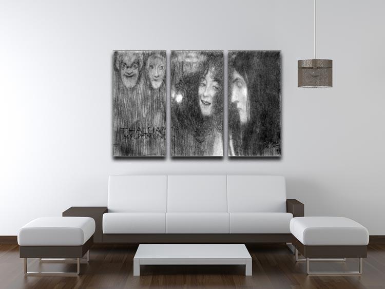 Three-panel canvas art featuring Thalia and Melpomene by Klimt, showcasing elegant profiles and intricate mask designs.