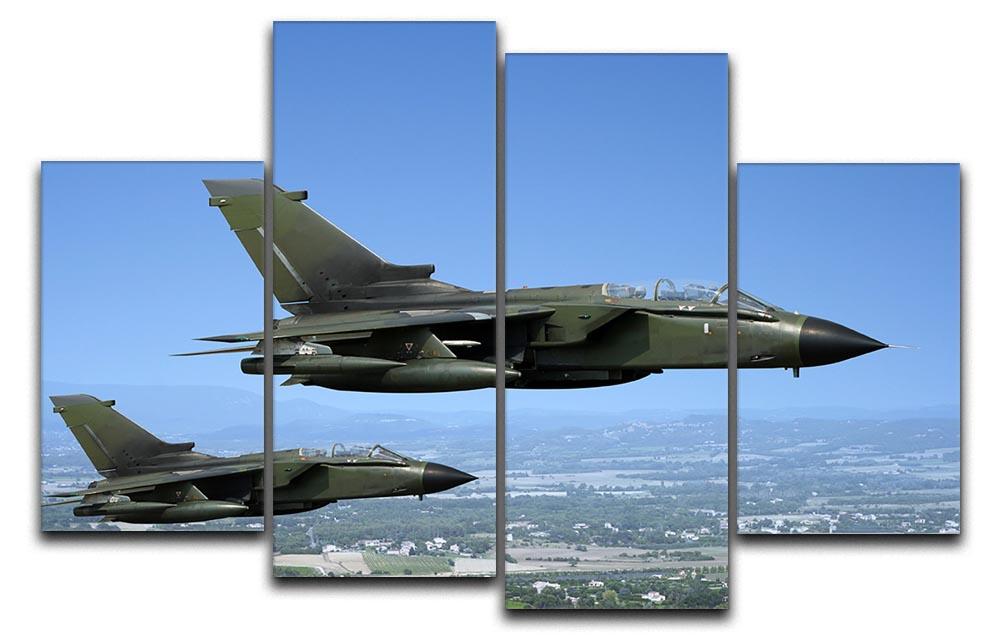 A vibrant 4-split canvas artwork featuring two green fighter jets in action, showcasing dynamic movement and detail.