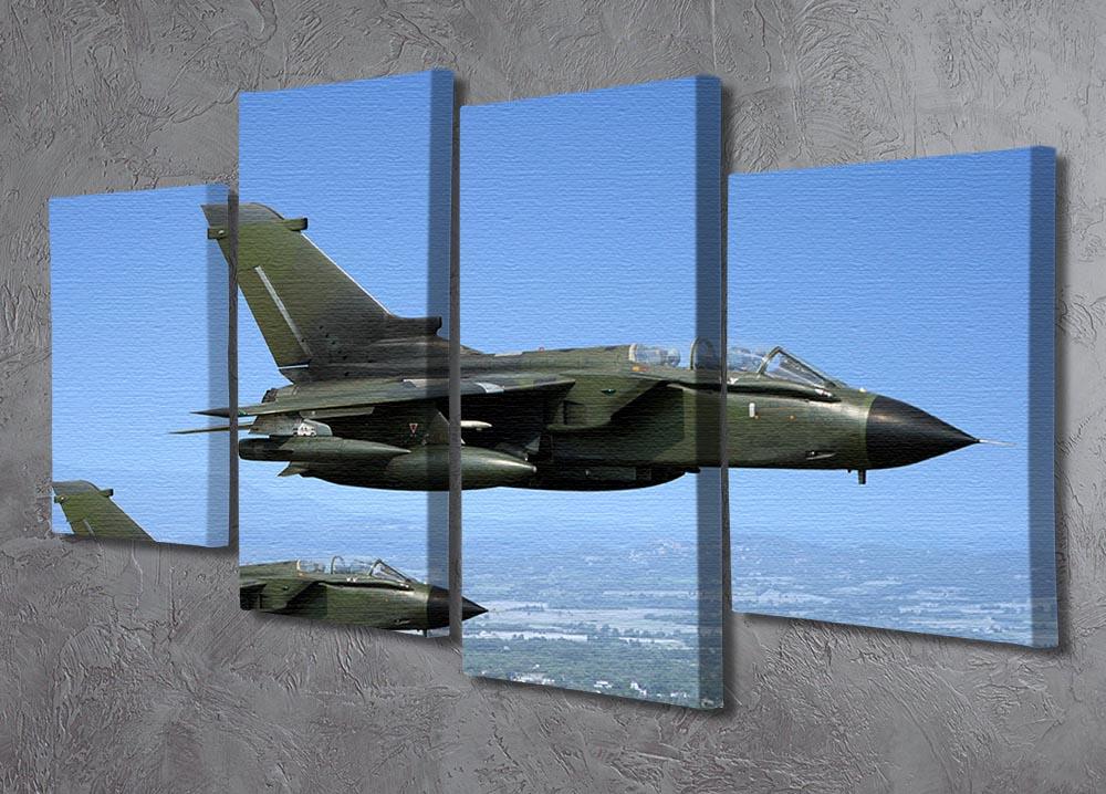 A vibrant 4-split canvas artwork featuring two green fighter jets in action, showcasing dynamic movement and detail.
