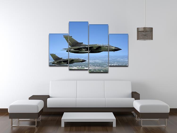 A vibrant 4-split canvas artwork featuring two green fighter jets in action, showcasing dynamic movement and detail.