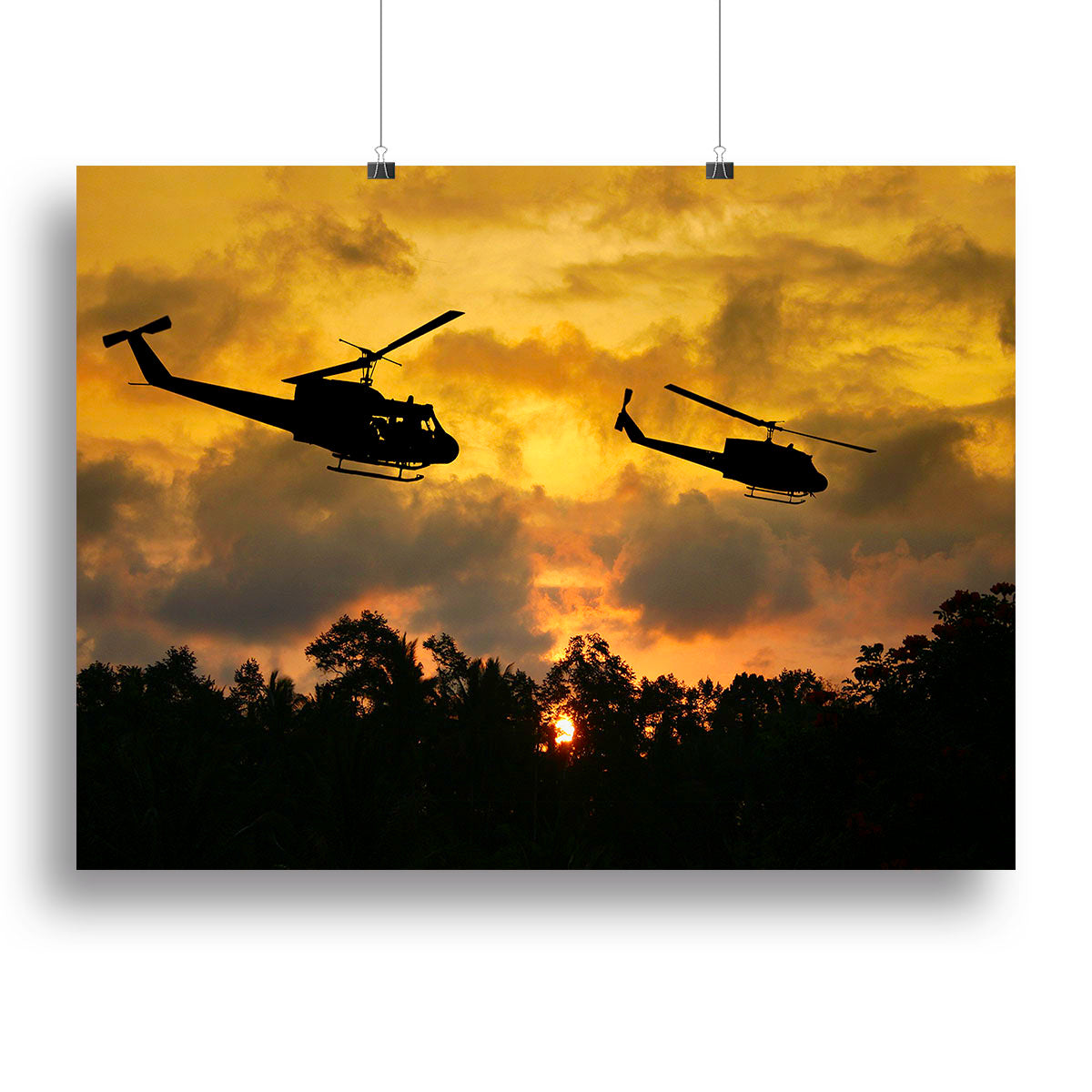 A vibrant canvas print depicting two helicopters flying over the lush landscapes of South Vietnam, showcasing intricate details and colors.