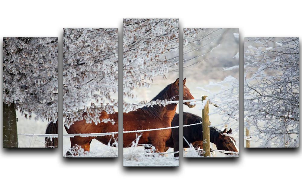 A beautiful split panel canvas artwork featuring two horses in a serene winter landscape, showcasing a snowy background and tranquil atmosphere.