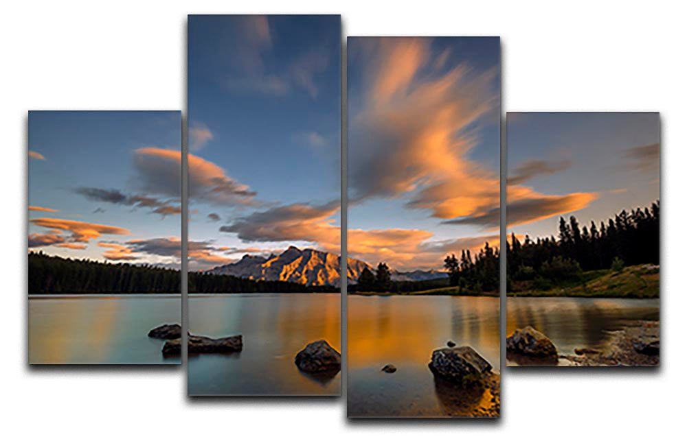 Four-panel canvas artwork depicting a vibrant sunset over Two Jack Lake, showcasing warm colors and serene landscape.