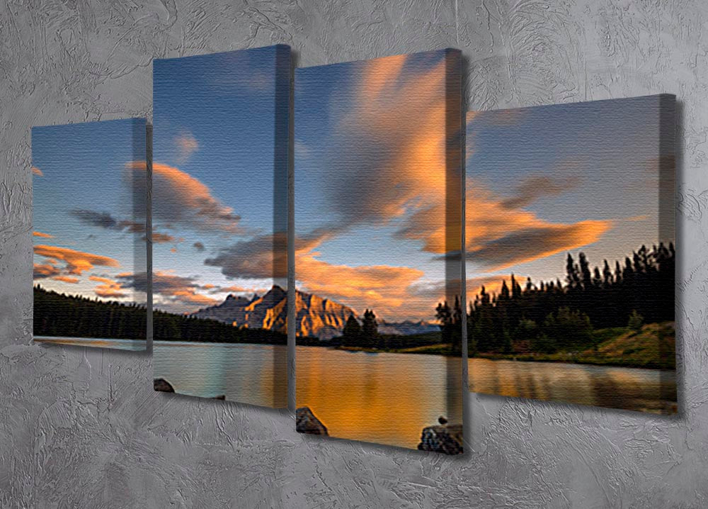 Four-panel canvas artwork depicting a vibrant sunset over Two Jack Lake, showcasing warm colors and serene landscape.