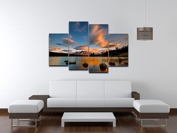 Four-panel canvas artwork depicting a vibrant sunset over Two Jack Lake, showcasing warm colors and serene landscape.