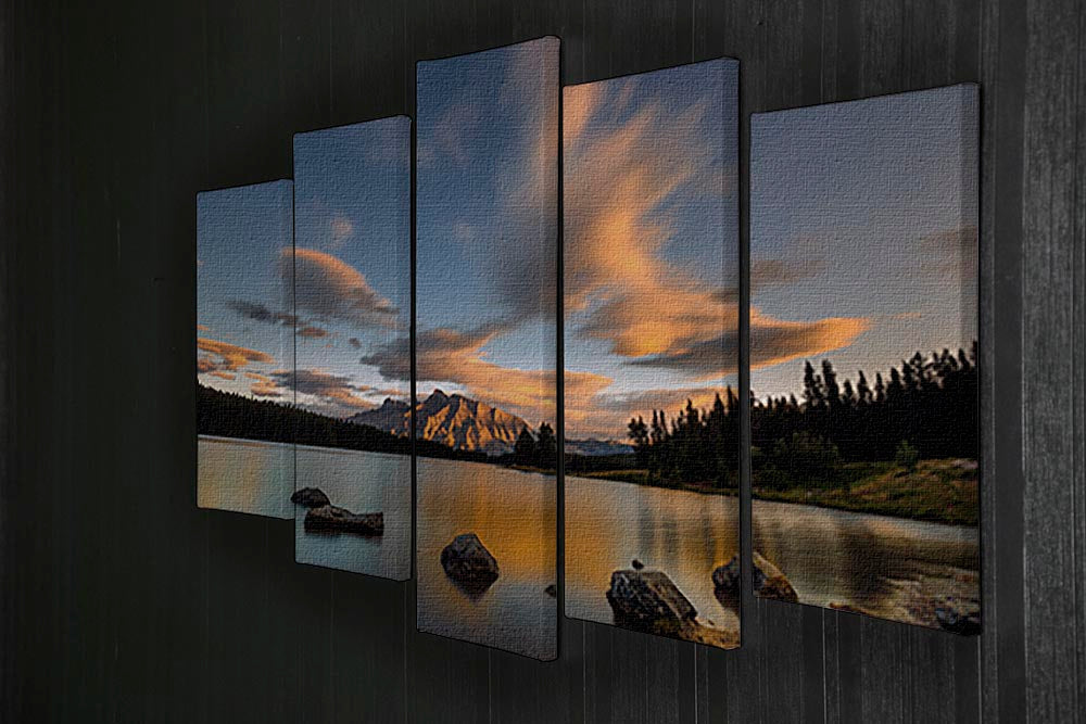 A beautiful 5-split canvas artwork depicting a sunset over Two Jack Lake, showcasing vibrant colors and serene natural scenery.