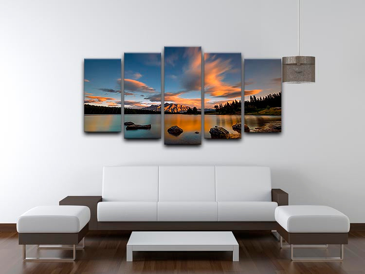A beautiful 5-split canvas artwork depicting a sunset over Two Jack Lake, showcasing vibrant colors and serene natural scenery.