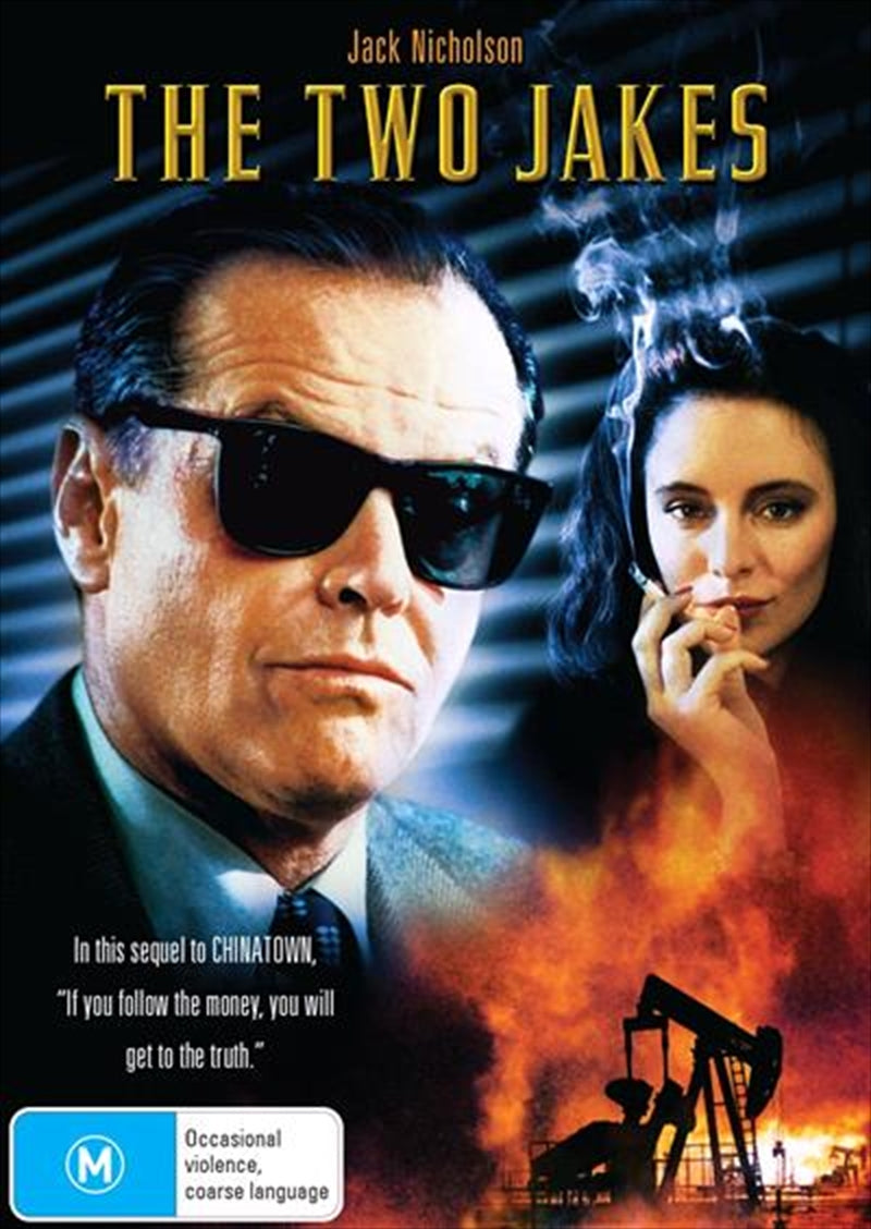DVD cover of Two Jakes featuring Jack Nicholson as Jake Gittes in a noir setting, highlighting themes of murder and oil.