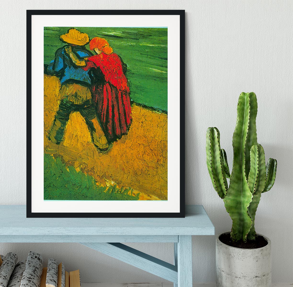 Framed print of 'Two Lovers' by Vincent Van Gogh, showcasing vibrant colors and intricate details in a stylish handmade frame.