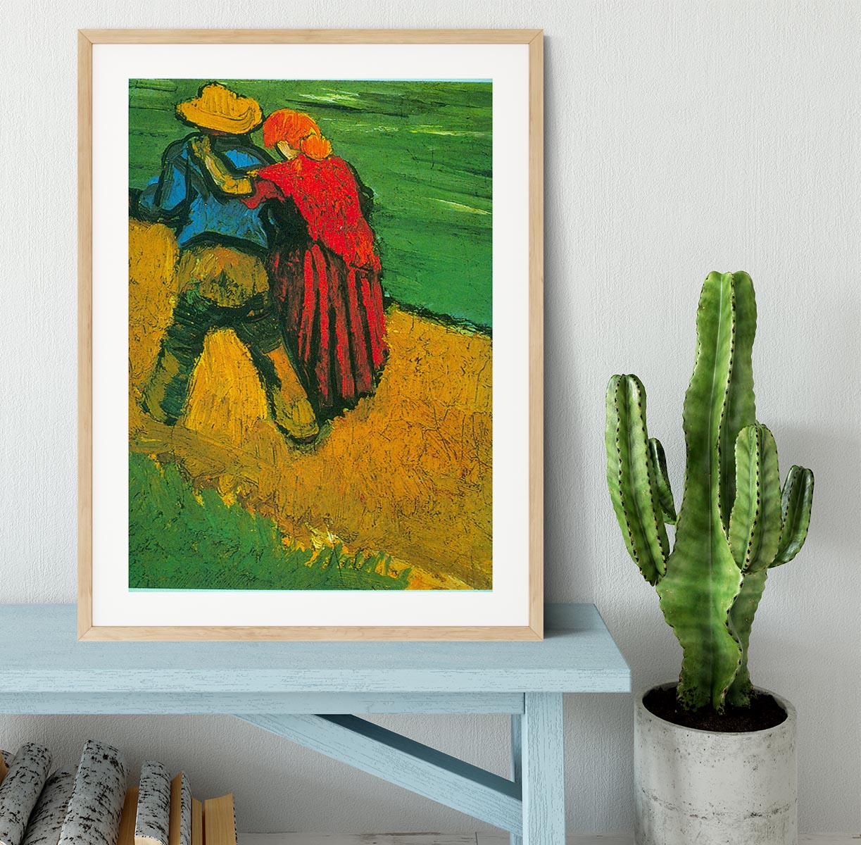 Framed print of 'Two Lovers' by Vincent Van Gogh, showcasing vibrant colors and intricate details in a stylish handmade frame.