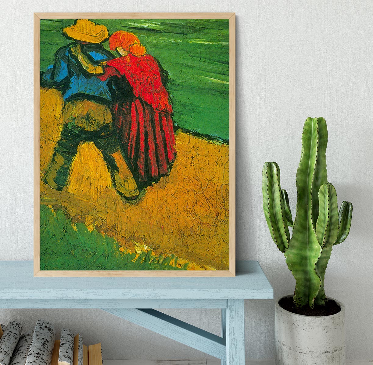 Framed print of 'Two Lovers' by Vincent Van Gogh, showcasing vibrant colors and intricate details in a stylish handmade frame.