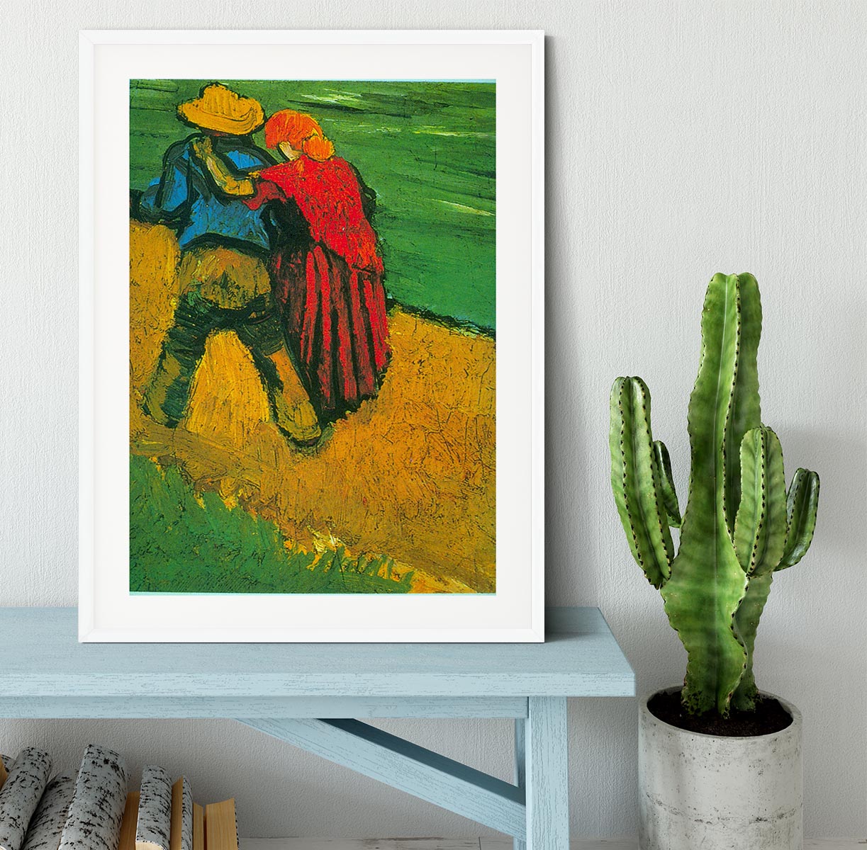 Framed print of 'Two Lovers' by Vincent Van Gogh, showcasing vibrant colors and intricate details in a stylish handmade frame.