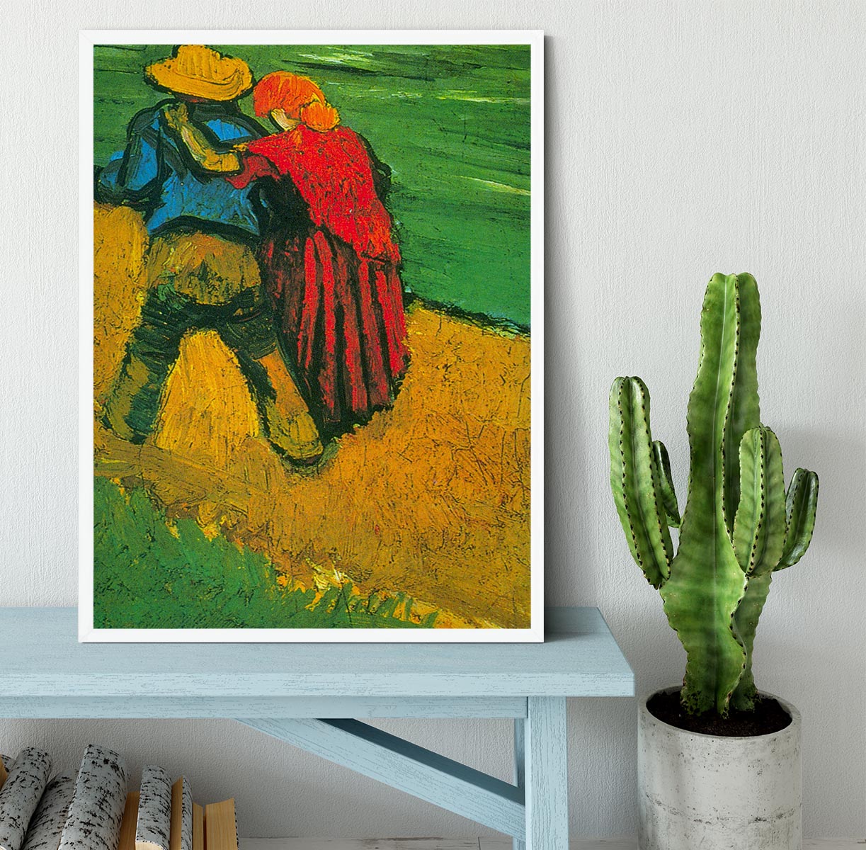 Framed print of 'Two Lovers' by Vincent Van Gogh, showcasing vibrant colors and intricate details in a stylish handmade frame.