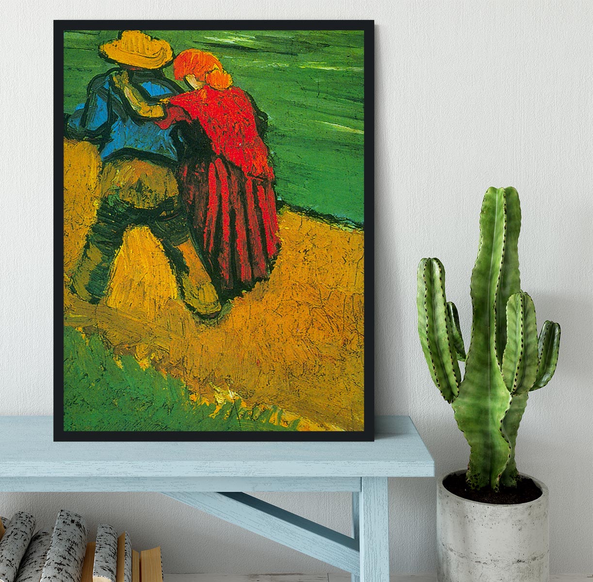 Framed print of 'Two Lovers' by Vincent Van Gogh, showcasing vibrant colors and intricate details in a stylish handmade frame.