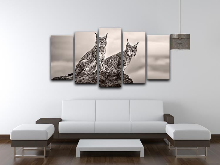 A captivating artwork featuring two lynx on a rock, displayed in a 5-split canvas format, enhancing any interior decor.